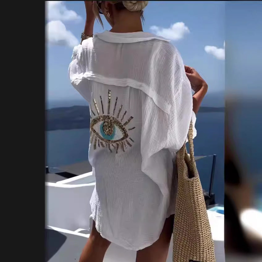 Strandhemd mit Pailletten und Stickerei von Fudus