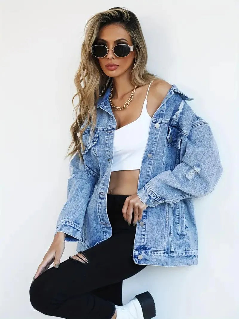 Damen Oversized Jeansjacke – Lässige Bequeme Passform