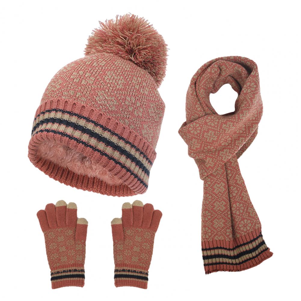Damen 3-teiliges Winter-Strickset - Pompon Mütze, Schal und Touchscreen-Handschuhe