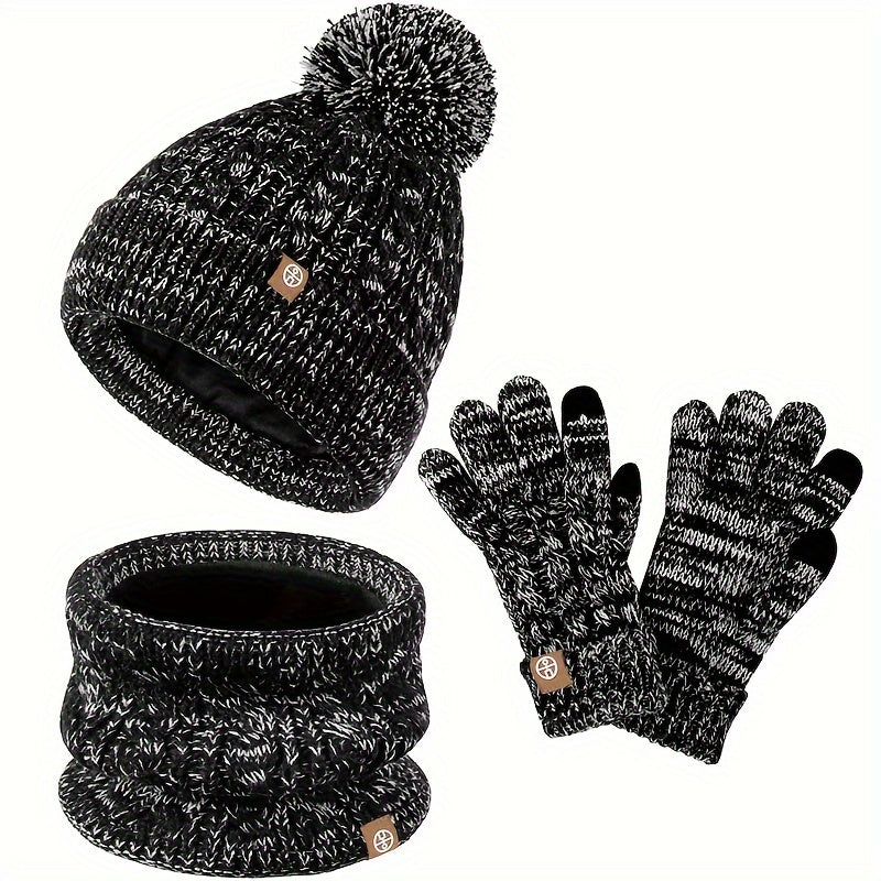 Damen 3-teiliges Winter-Strickset - Pompon Mütze, Infinity Schal und Touchscreen-Handschuhe
