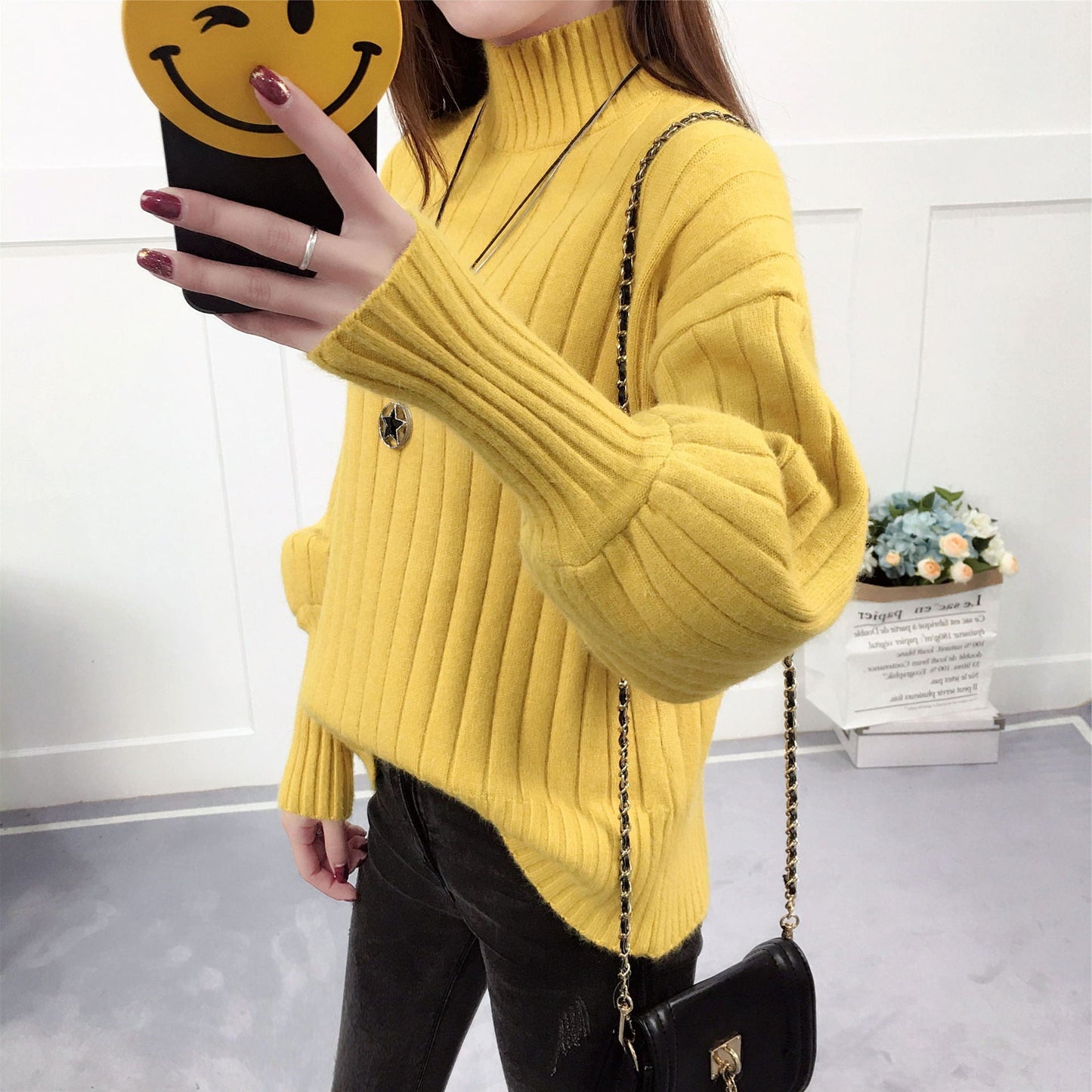 Damen Strickpullover mit hohem Kragen und lässigem Schnitt Stilzeits