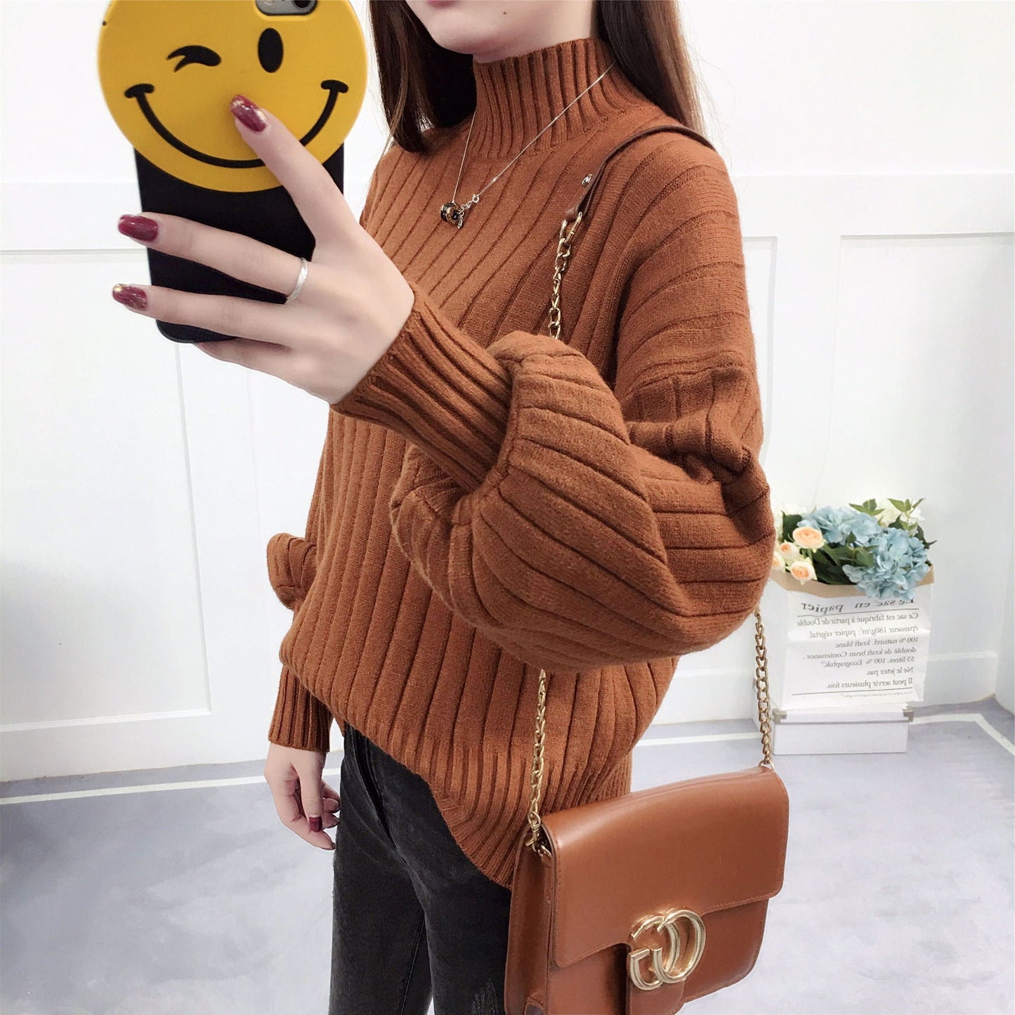 Damen Strickpullover mit hohem Kragen und lässigem Schnitt Stilzeits