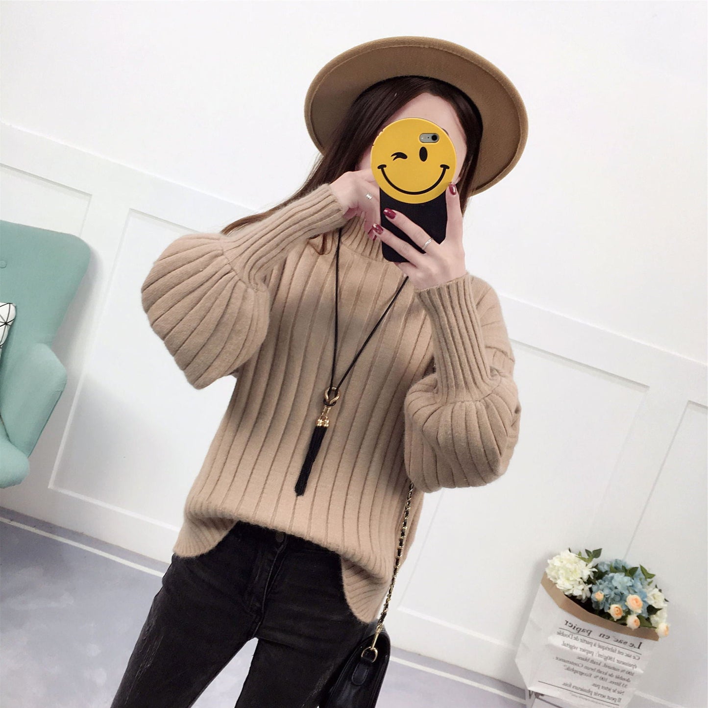 Damen Strickpullover mit hohem Kragen und lässigem Schnitt Stilzeits