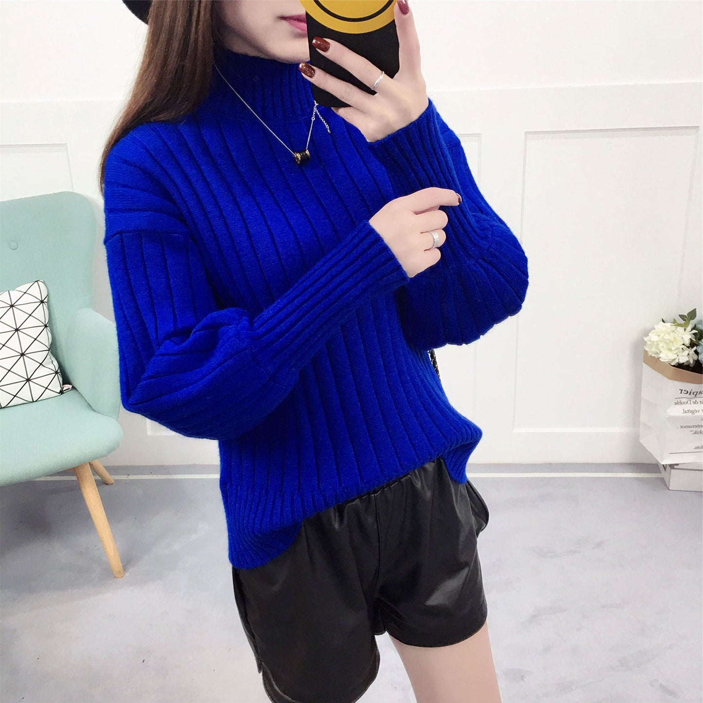 Damen Strickpullover mit hohem Kragen und lässigem Schnitt Stilzeits