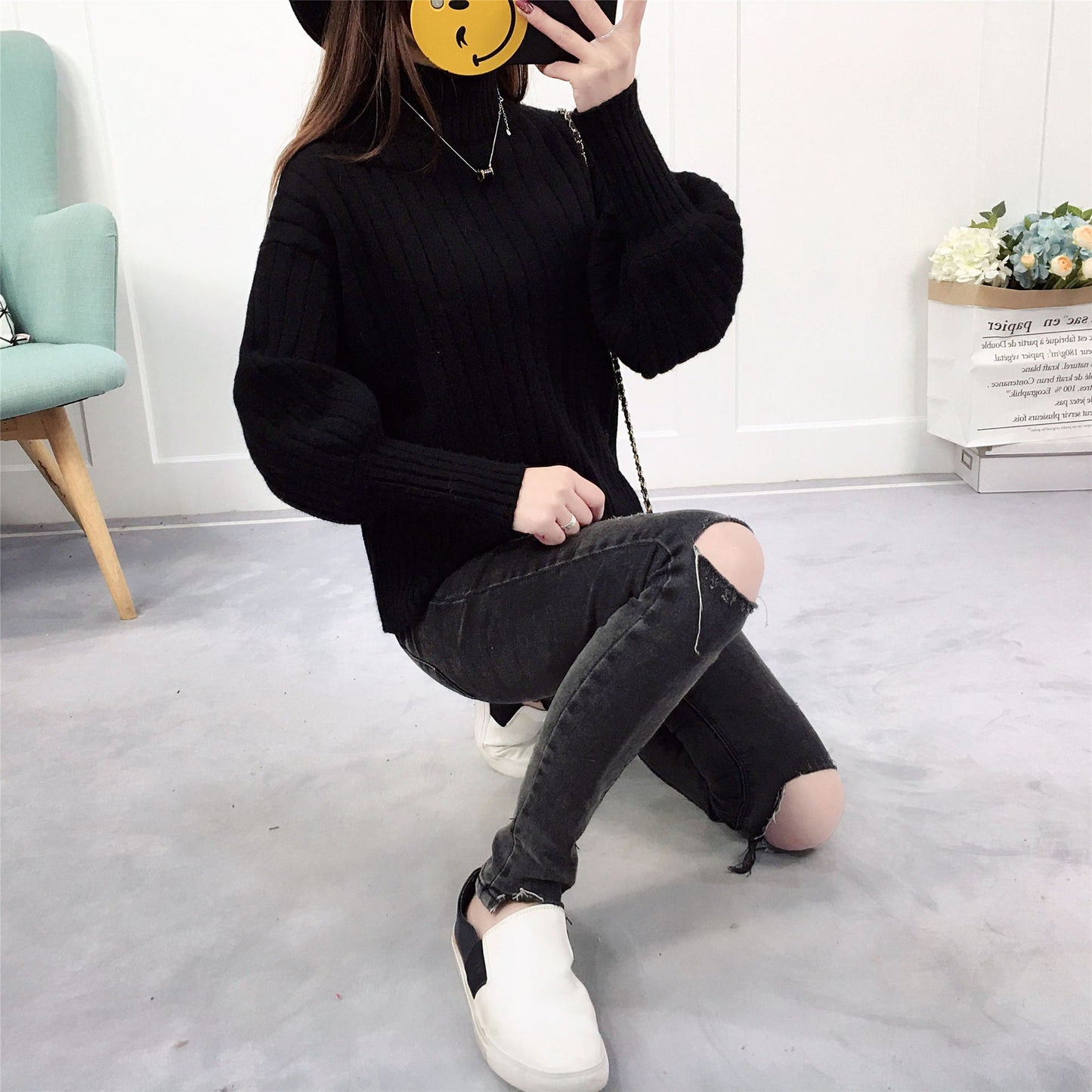 Damen Strickpullover mit hohem Kragen und lässigem Schnitt Stilzeits