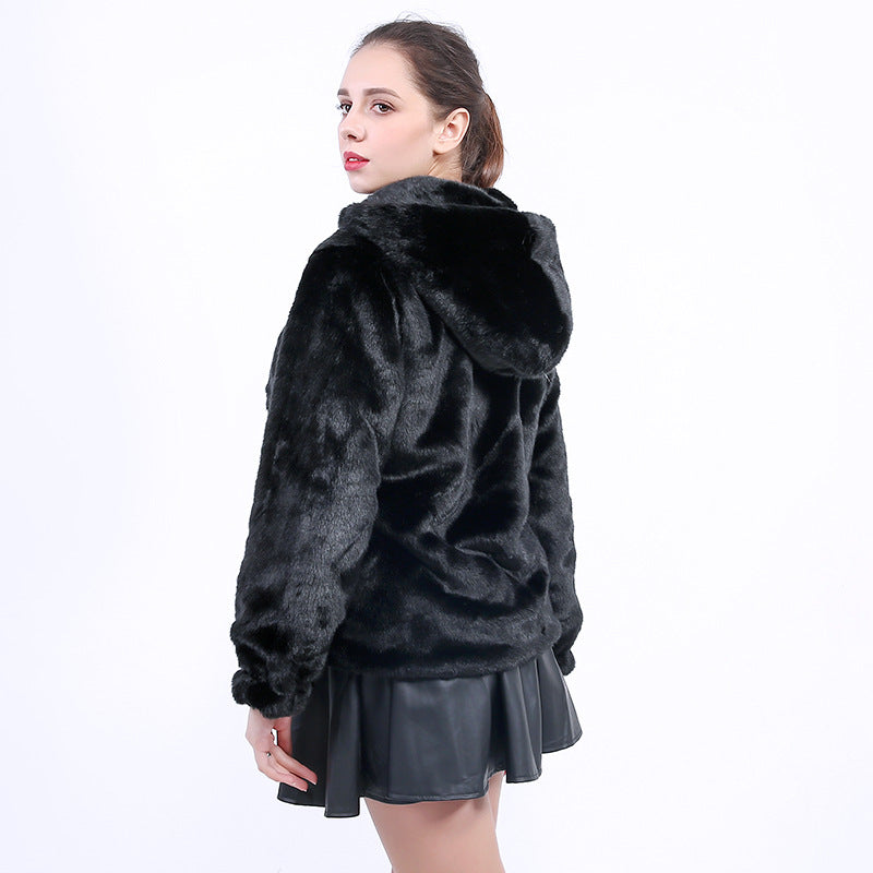 Damen Flauschige Kunstpelzjacke mit Kapuze Stilzeits