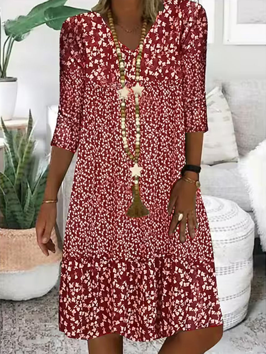 Midikleid von Fudus mit Blumenmuster, V-Ausschnitt und mittellangen Ärmeln