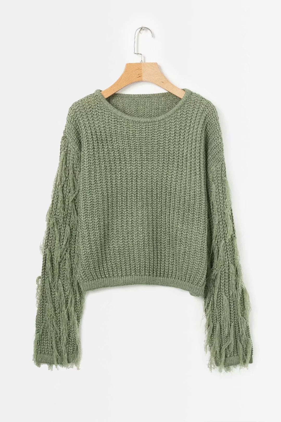 Damen trendiger Grobstrickpullover mit fransigen Ärmeln Stilzeits