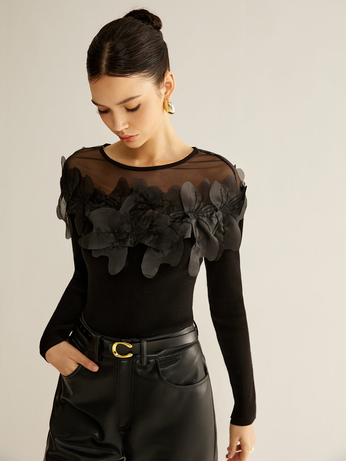 Sheer Floral Decor Slim Blouse by Fudus