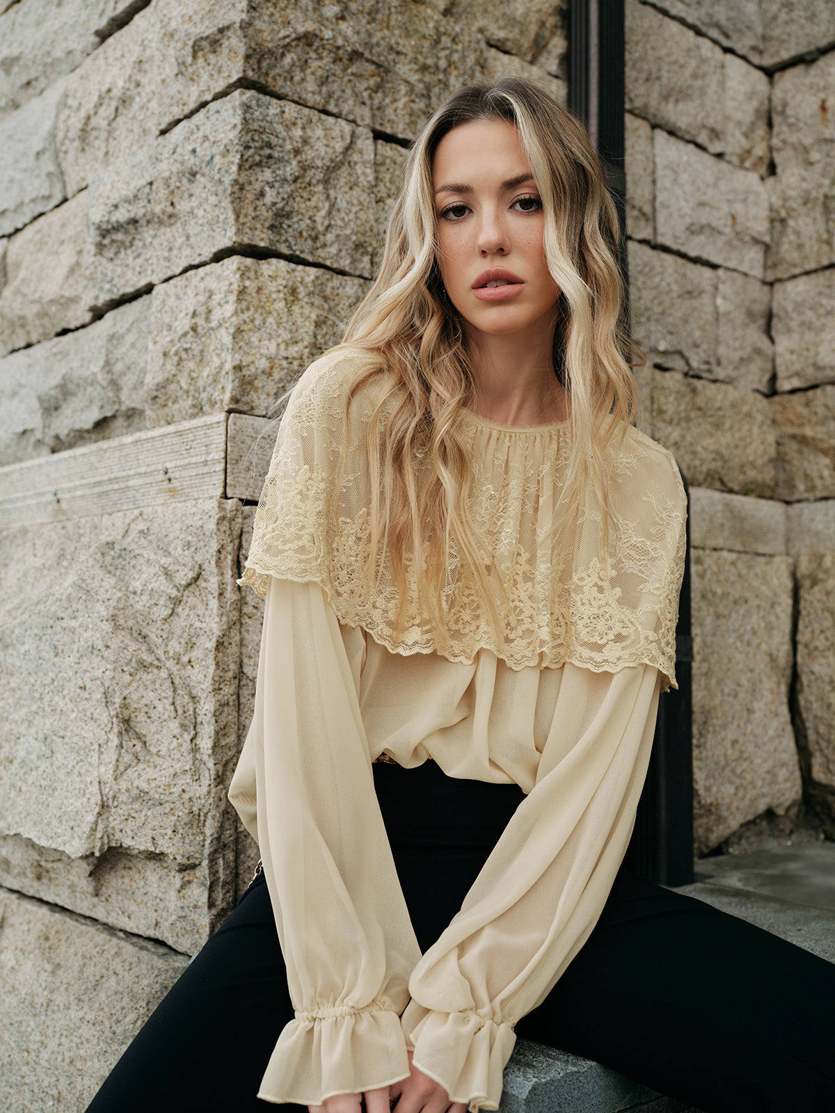 Semi-Sheer Lace Chiffon Blouse by Fudus