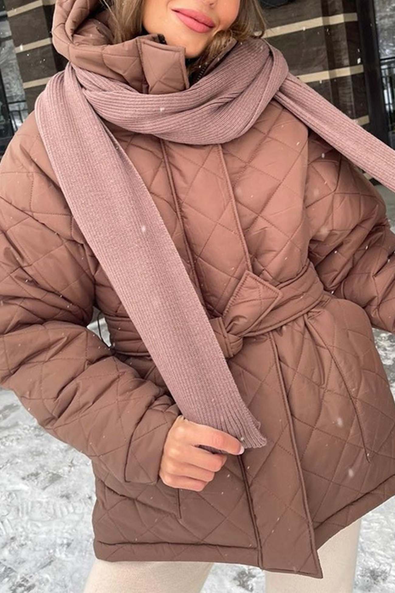 Wisen Kapuzenjacke mit Rautenmuster und Baumwollgürtel