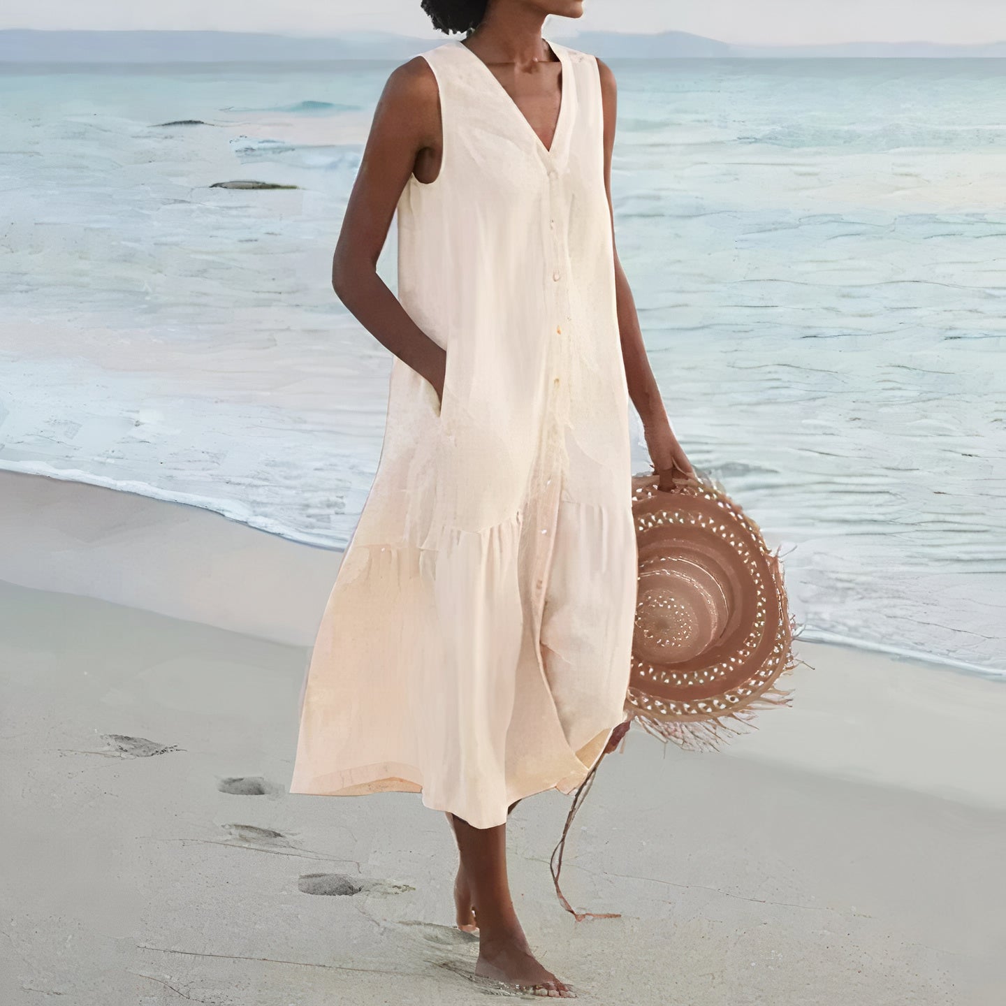 Ärmelloses Leinen-Strandkleid für Damen mit Knopfleiste und Taschen