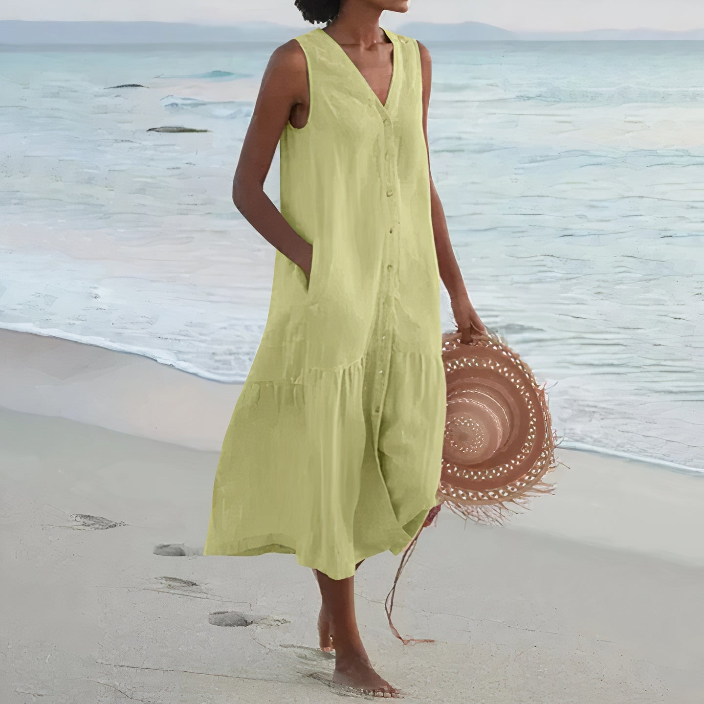Ärmelloses Leinen-Strandkleid für Damen mit Knopfleiste und Taschen