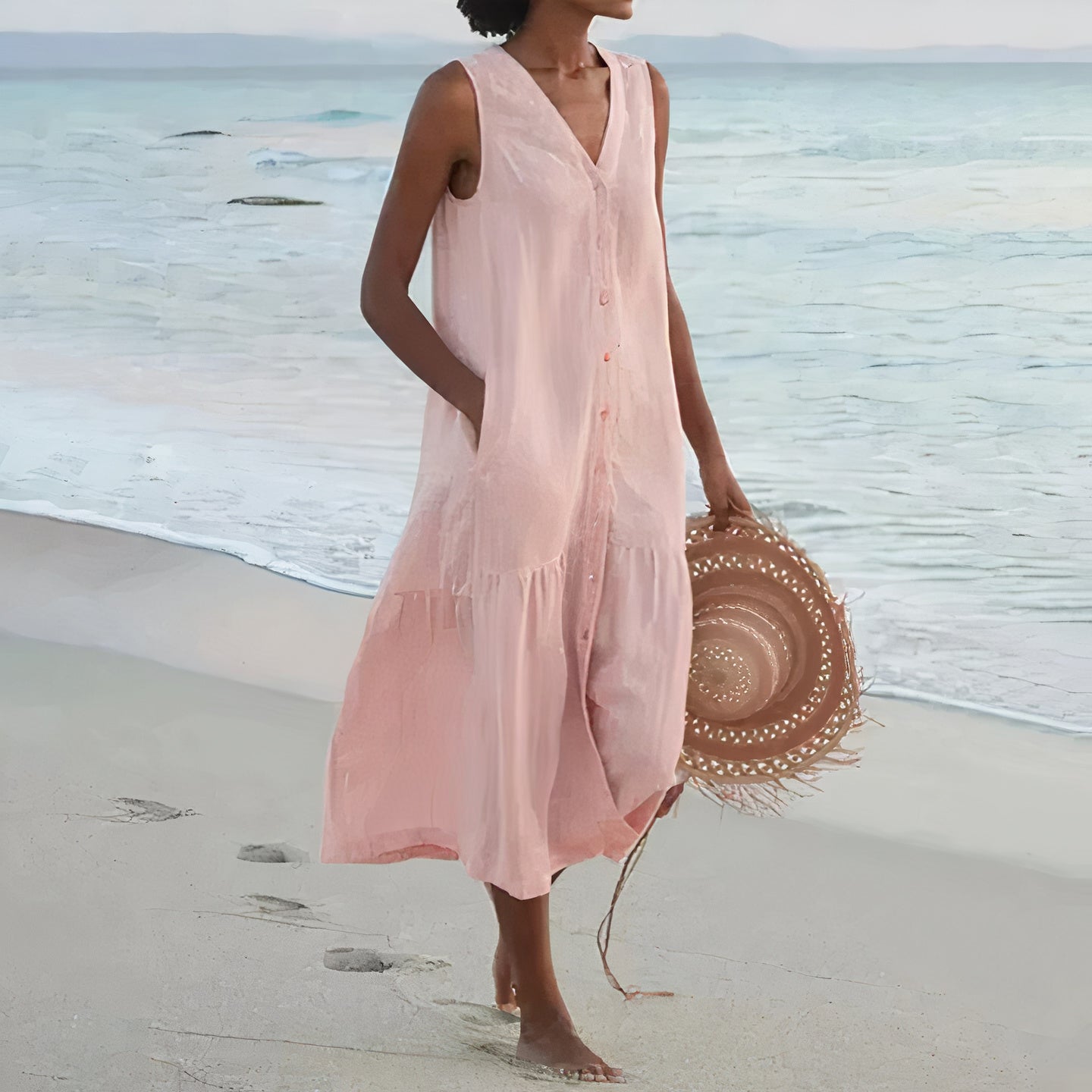 Ärmelloses Leinen-Strandkleid für Damen mit Knopfleiste und Taschen