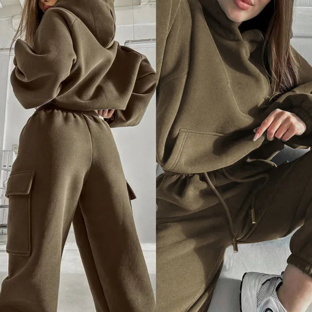 Damen Oversized Hoodie & Jogginghose Set - Weiche Textur mit Cargotaschen