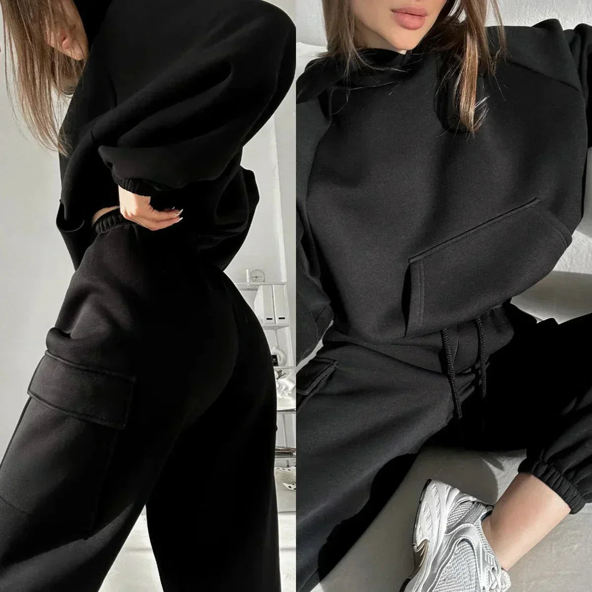 Damen Oversized Hoodie & Jogginghose Set - Weiche Textur mit Cargotaschen