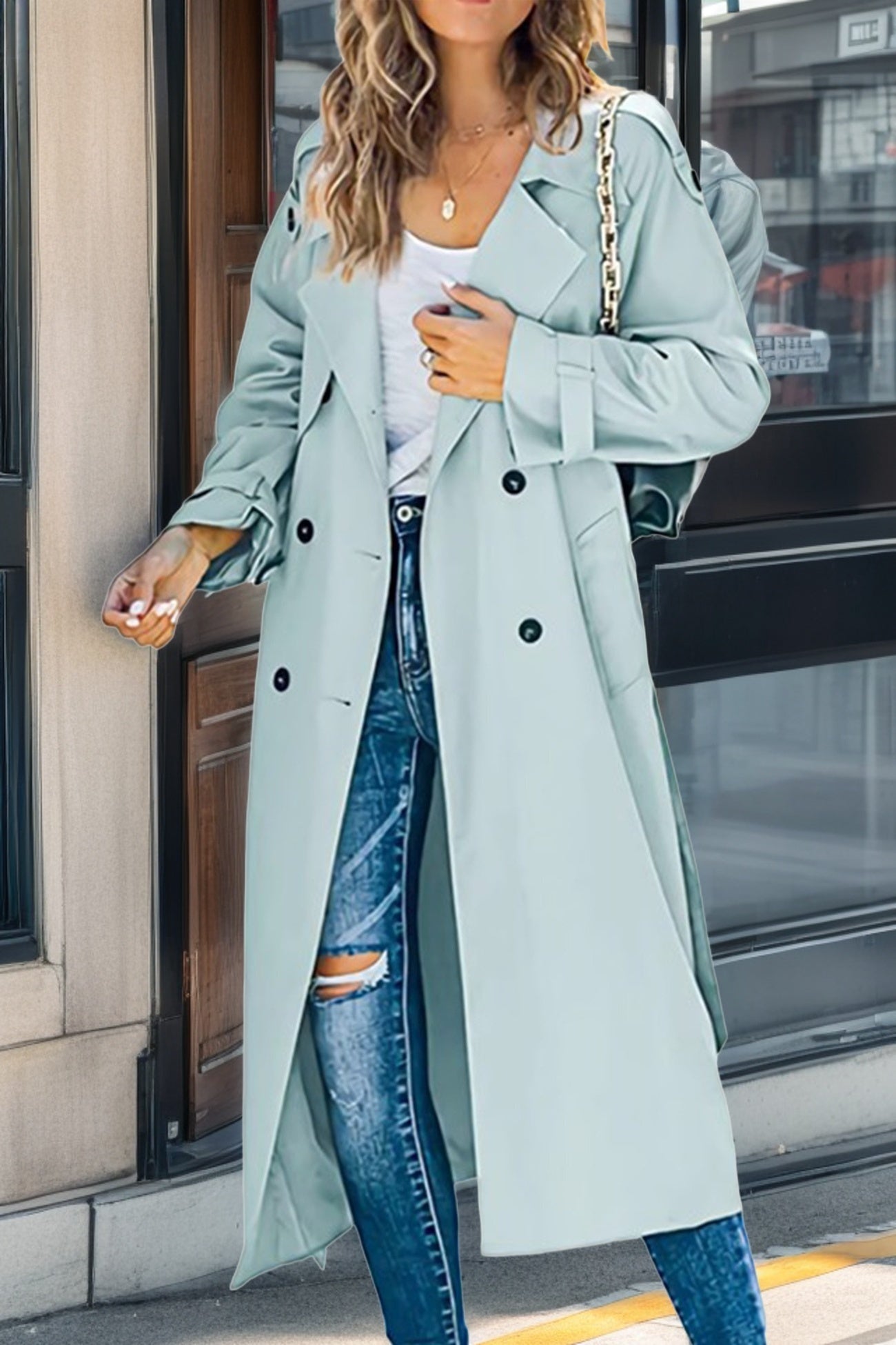 Stilzeits | Langer Trenchcoat mit Doppelknopf und Reverskragen