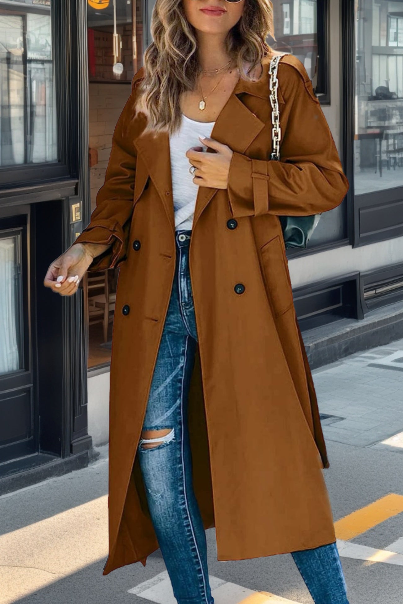 Stilzeits | Langer Trenchcoat mit Doppelknopf und Reverskragen