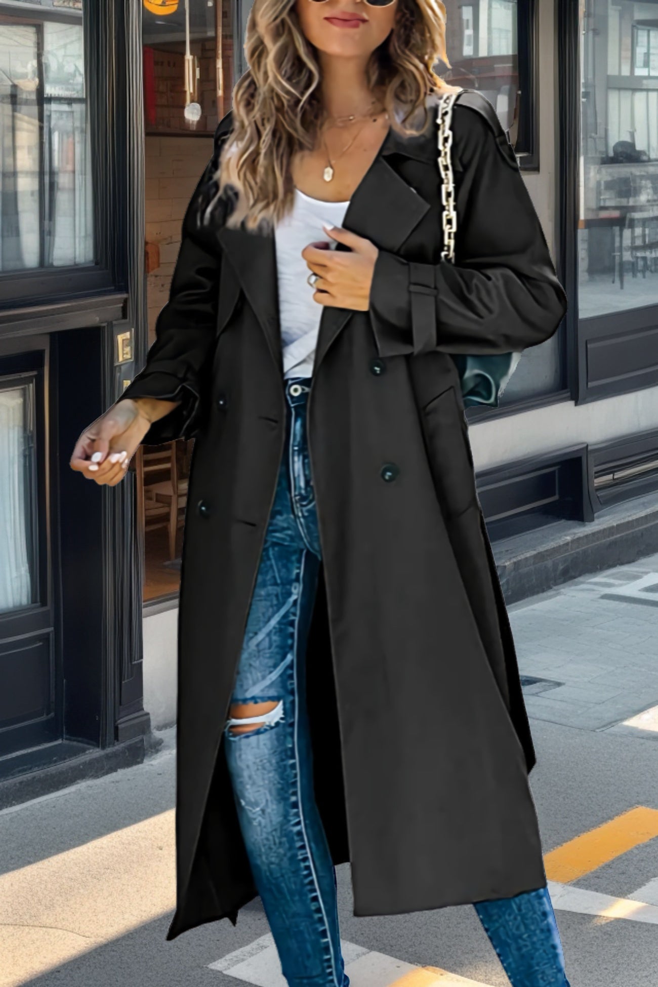 Stilzeits | Langer Trenchcoat mit Doppelknopf und Reverskragen