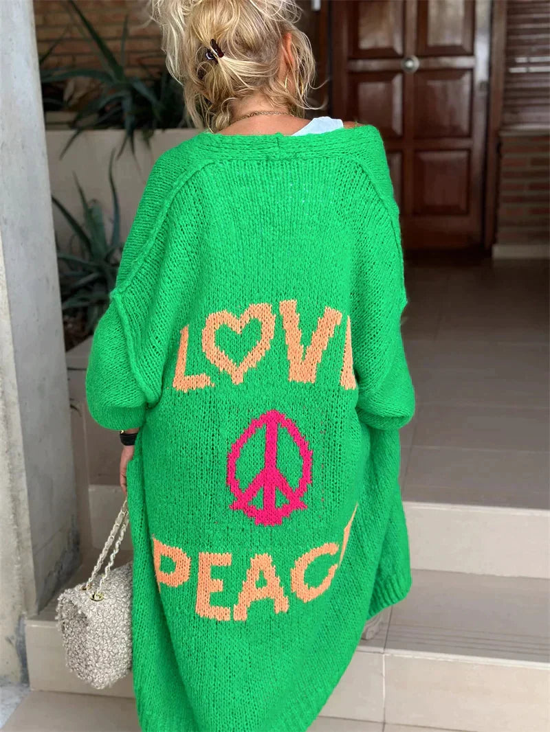 Damen Oversized Strick-Cardigan - Love & Peace Grafik