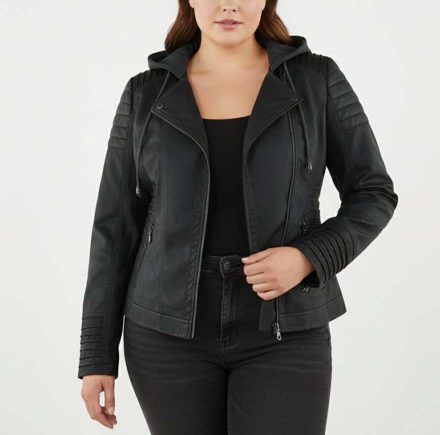 Damen Bikerjacke aus Kunstleder mit Kapuze | Große Größen (L–3XL)