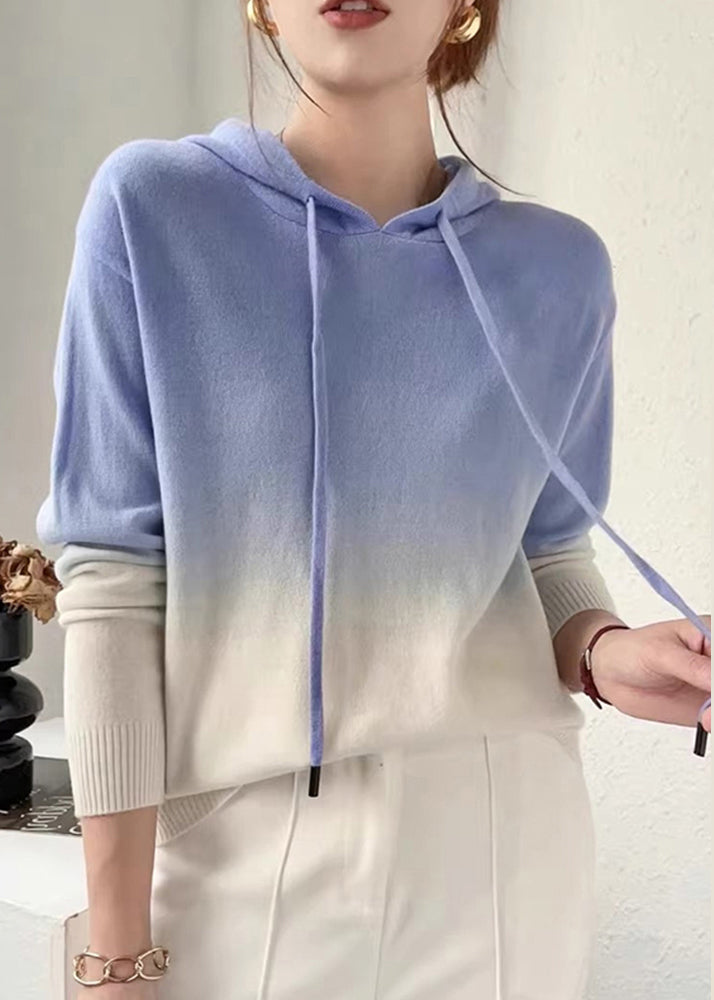 Stilzeits | Farbverlauf Patchwork Wollstrickpullover mit Kapuze Herbst