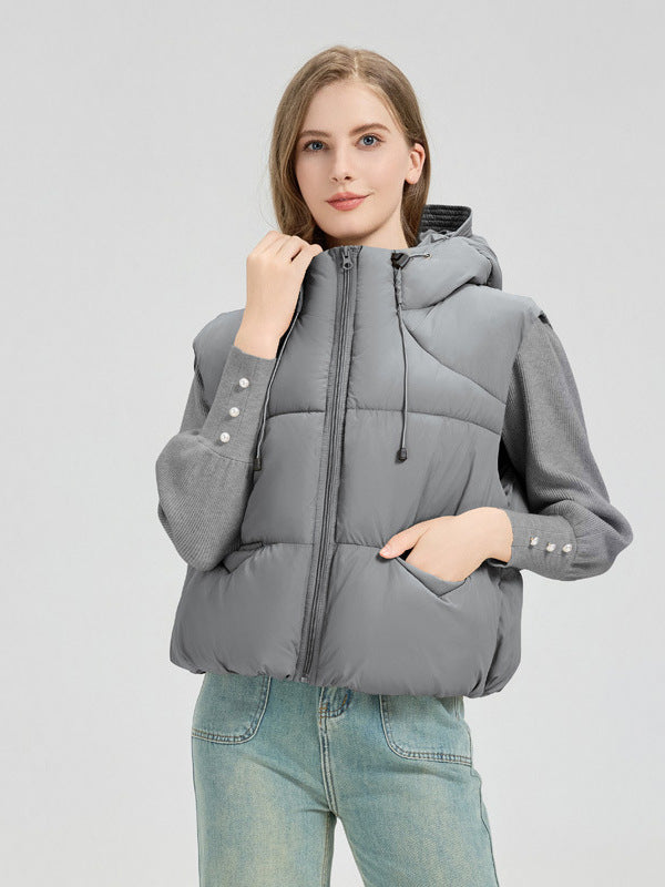 Damen gesteppte Weste mit abnehmbarer Kapuze und seitlichen Eingrifftaschen Stilzeits