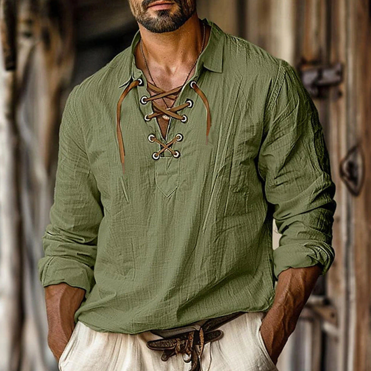 Herren modernes Langarmhemd mit dekorativem Schnürverschluss Stilzeits