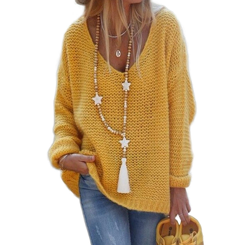 Damen Grobstrickpullover mit tiefem V-Ausschnitt und lässigem Schnitt Stilzeits