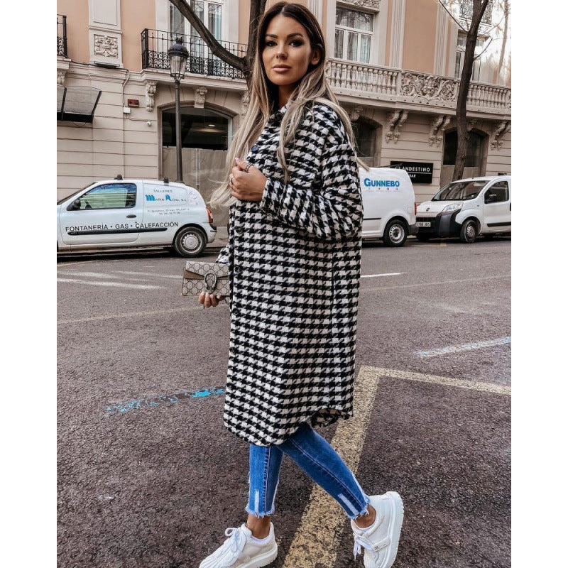 Damen Hahnentritt-Muster Oversized Hemdjacke Stilzeits