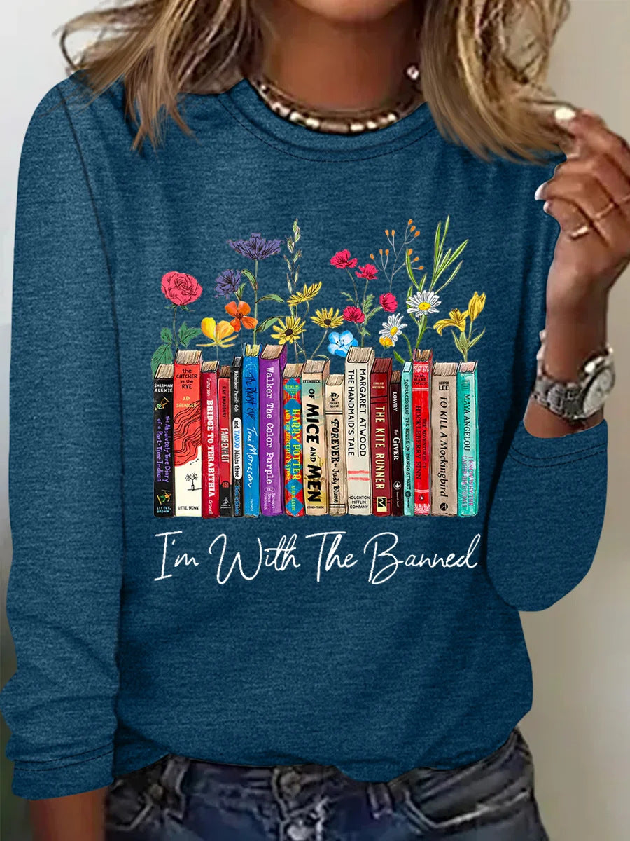 Damen Langarmshirt mit Bücher- und Blumenmotiv Stilzeits