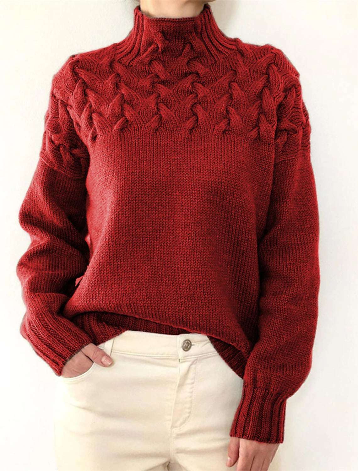 Damen Grobstrickpullover mit Stehkragen und Zopfmuster Stilzeits