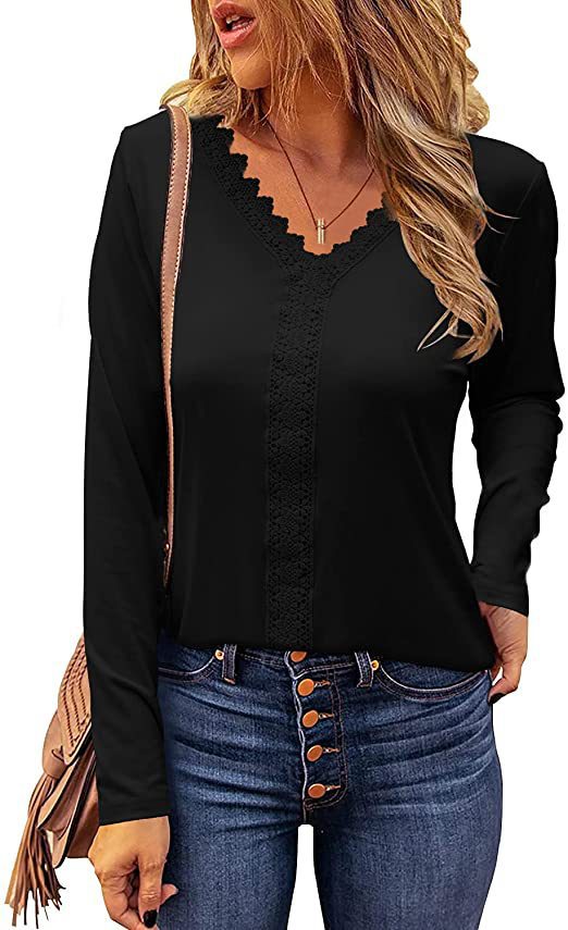 Damen elegantes V-Ausschnitt Longsleeve-Shirt mit Spitzenbesatz Stilzeits