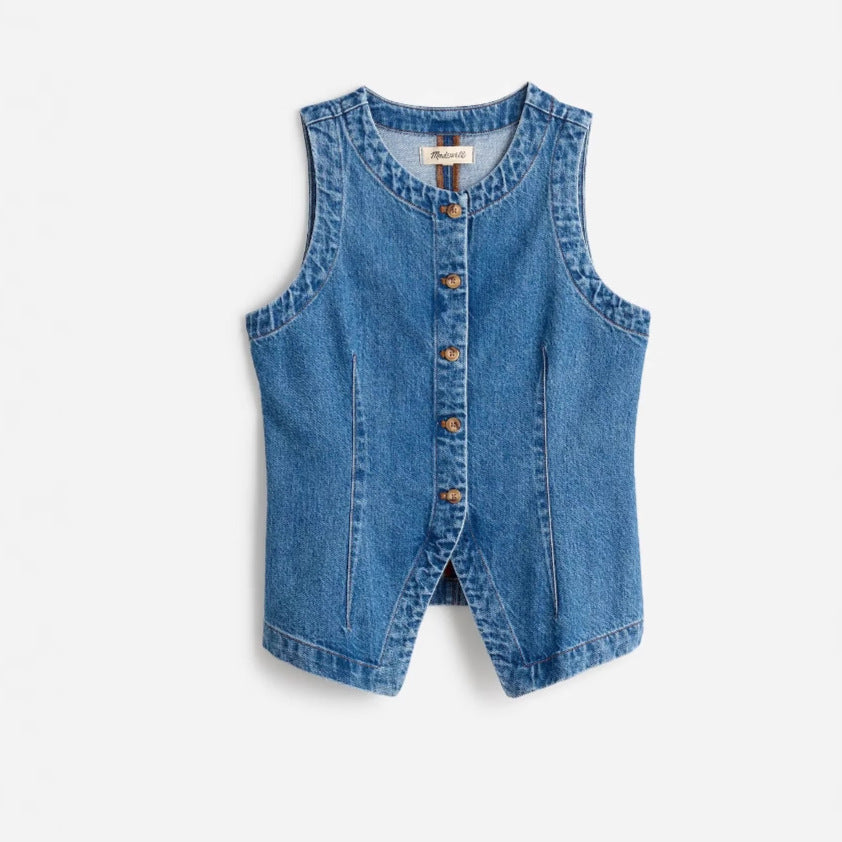 Damen Jeansweste mit Knopfleiste und seitlichen Eingrifftaschen Stilzeits