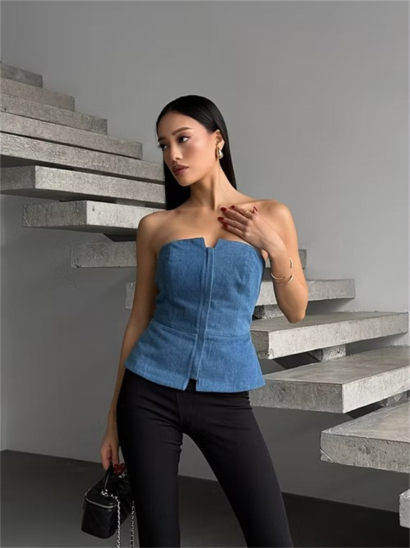 Damen ärmelloser Denim-Top mit Reißverschluss Stilzeits