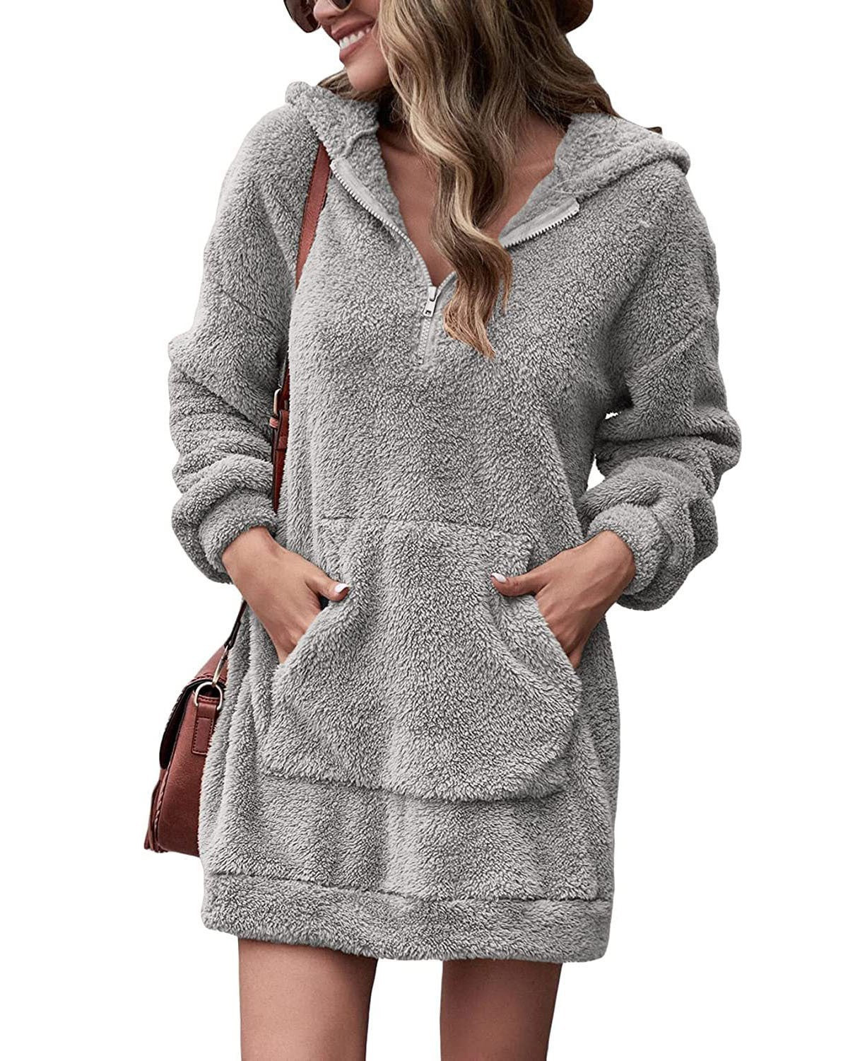 Damen Kuscheliger Hoodie-Kleid mit praktischen Taschen und halben Reißverschluss Stilzeits
