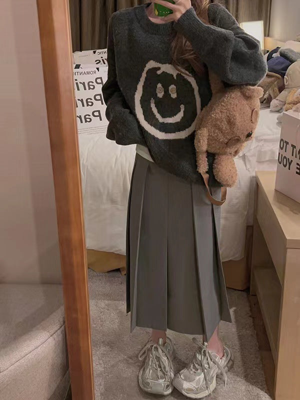 Damen lässiger Strickpullover mit fröhlichem Smiley-Motiv und modernem Schnitt Stilzeits