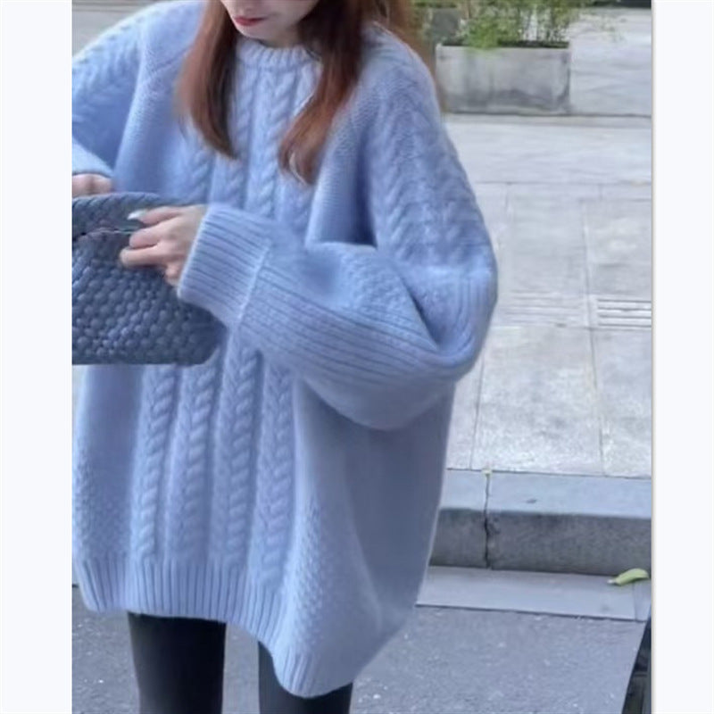 Damen Grobstrickpullover mit modischem Zopfmuster und überschnittenen Schultern Stilzeits