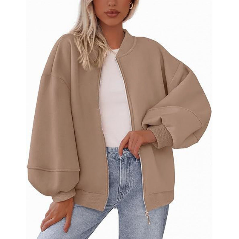 Damen lässige Oversized-Jacke mit Reißverschluss und ballonen Ärmeln Stilzeits