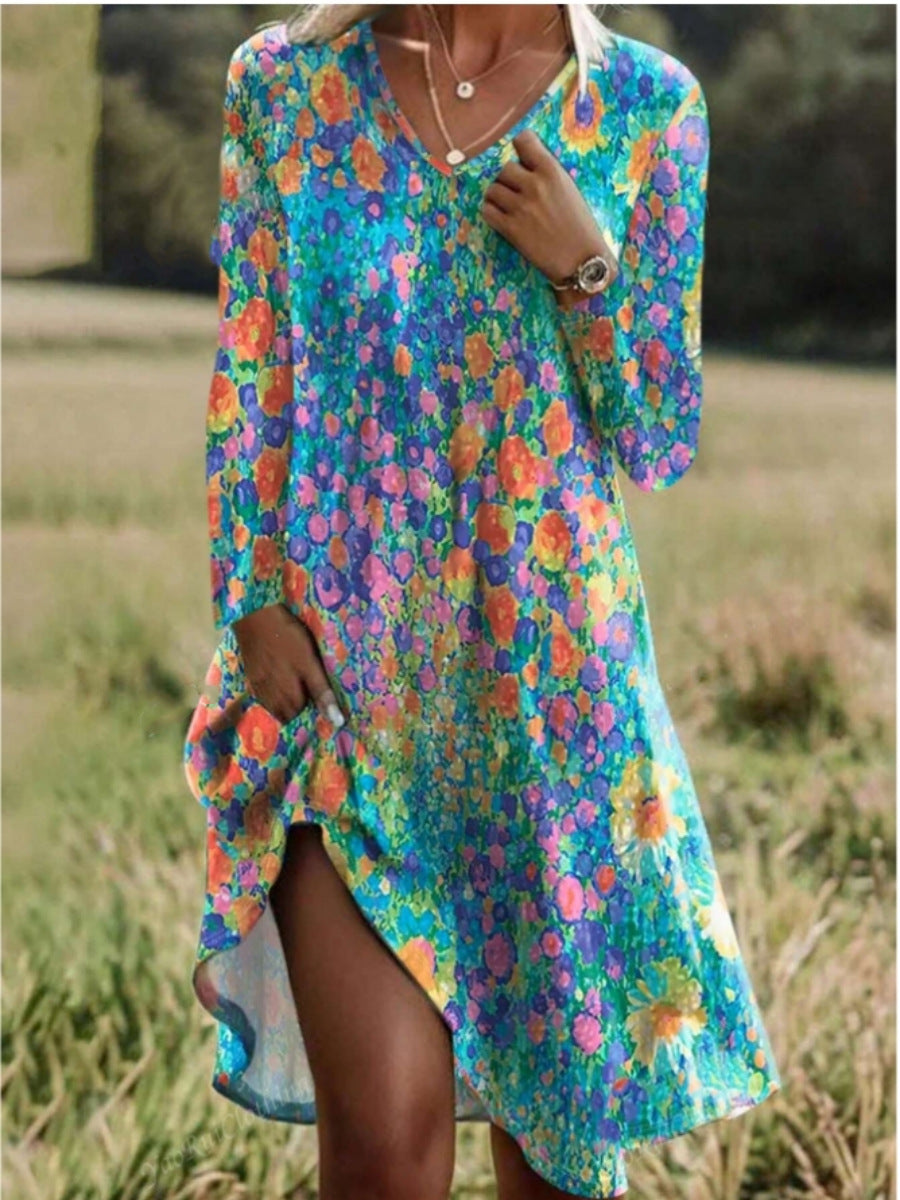 Damen Freizeitkleid mit modischem V-Ausschnitt und Seitenschlitz Stilzeits