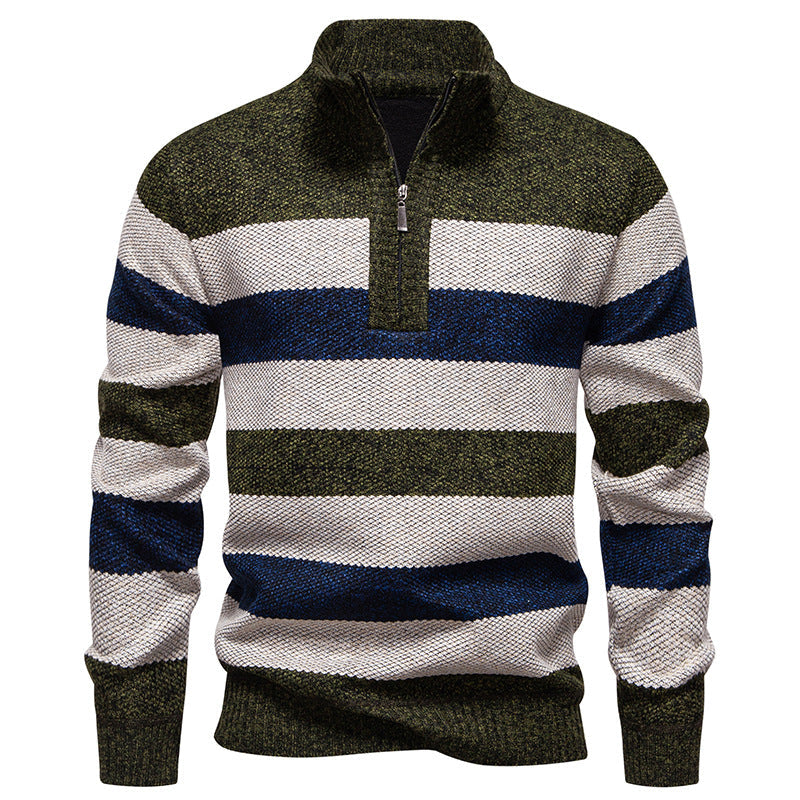 Herren modischer Strickpullover mit halbhohem Kragen und kontrastierenden Streifen Stilzeits