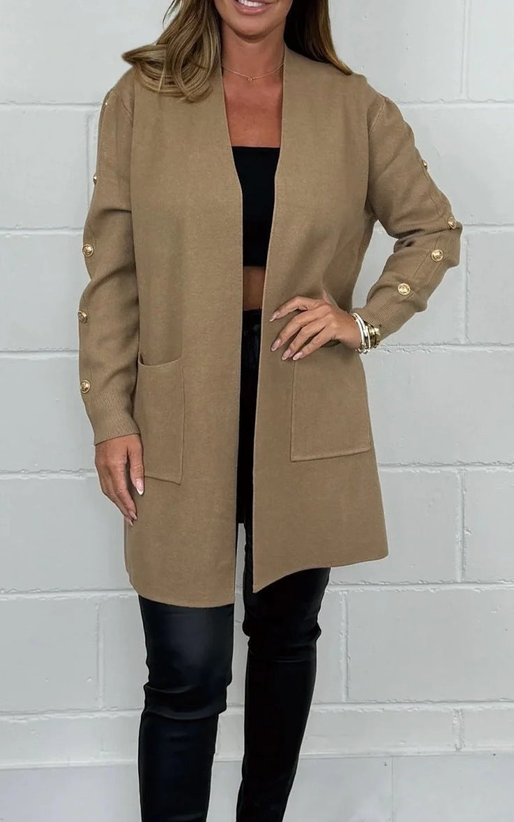 Damen Elegante Strickjacke mit Knopfdetails und Taschen Stilzeits