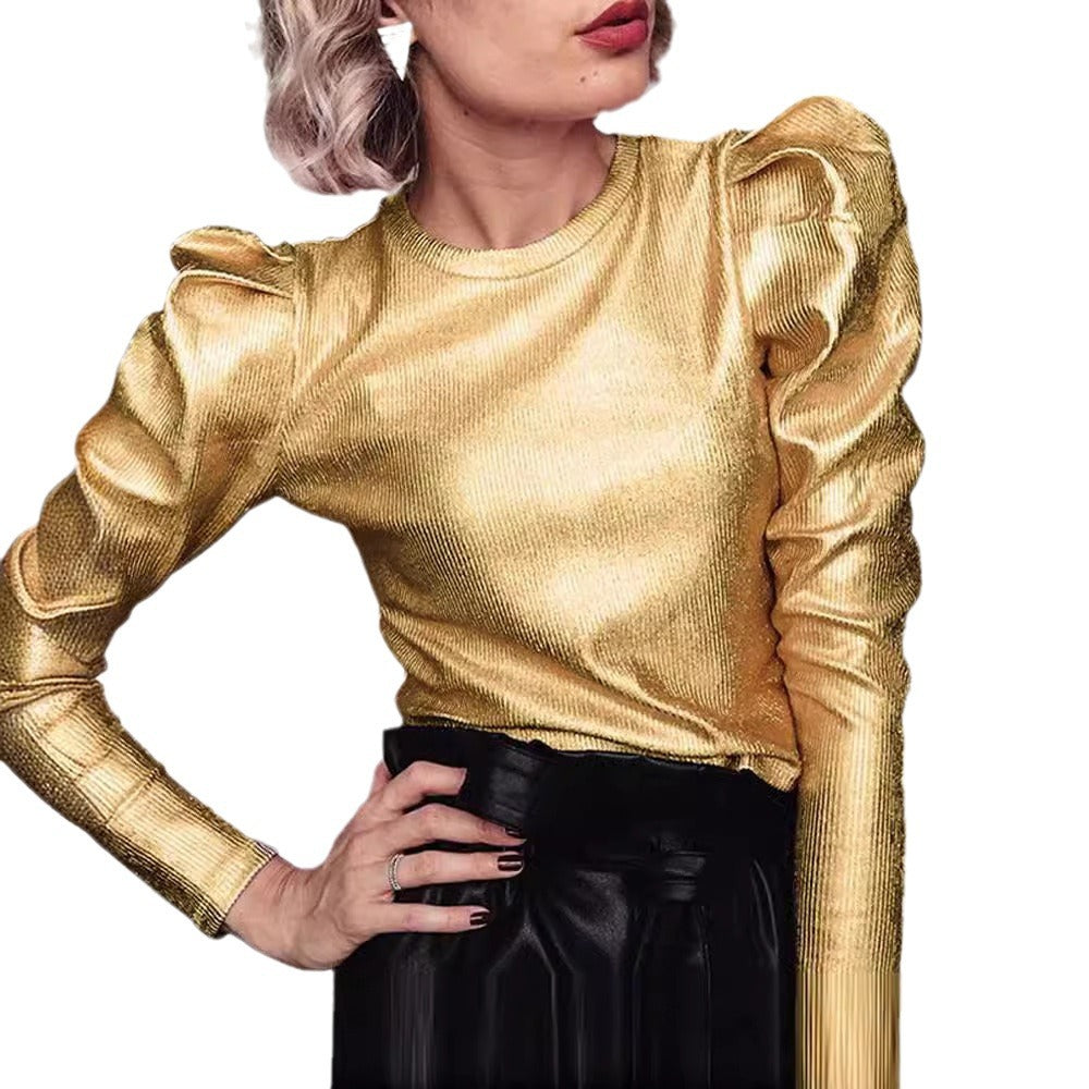 Damen funkelndes Oberteil mit voluminösen Ärmeln Stilzeits