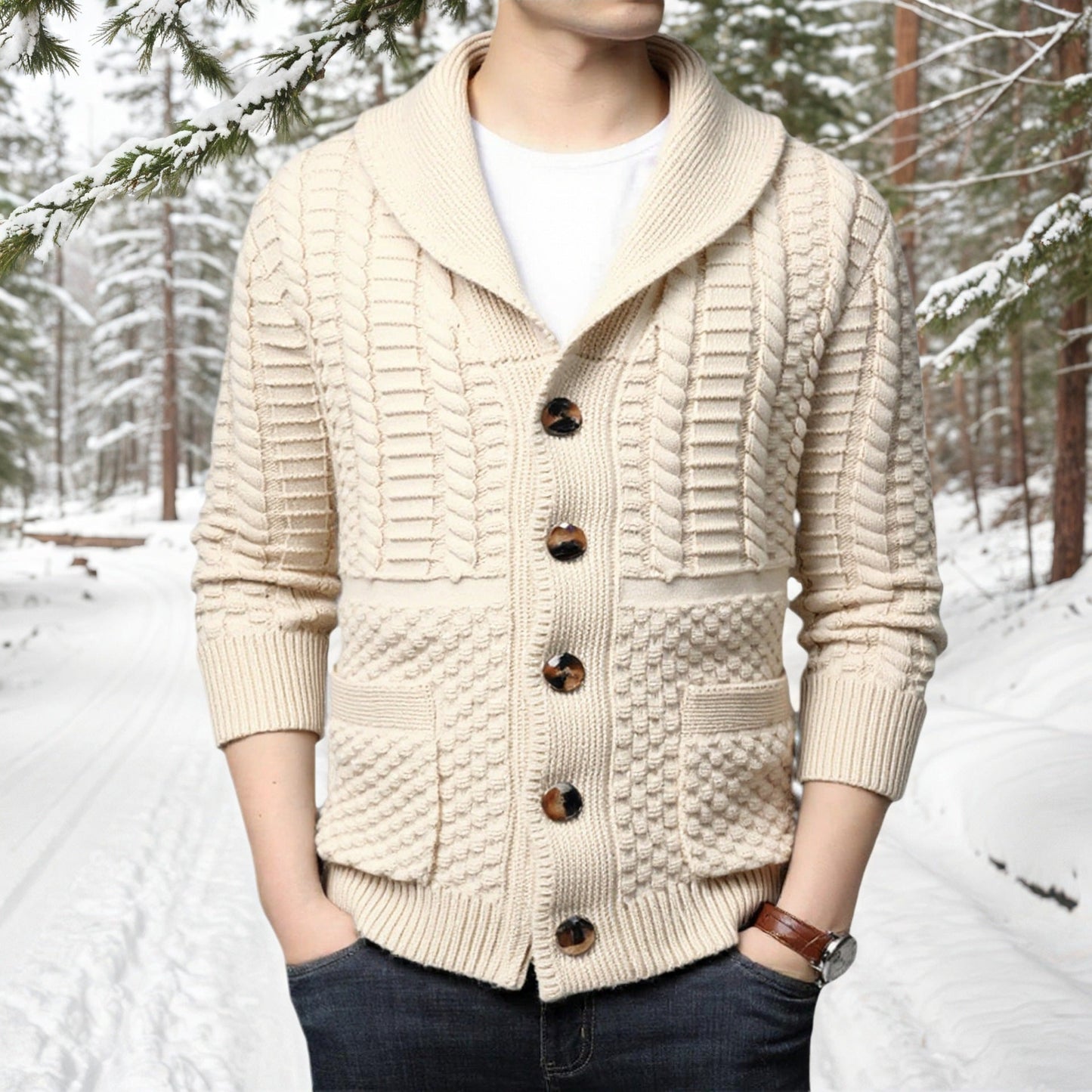 Herren modische Strickjacke mit tiefem V-Ausschnitt und stylishem Zopfdesign Stilzeits