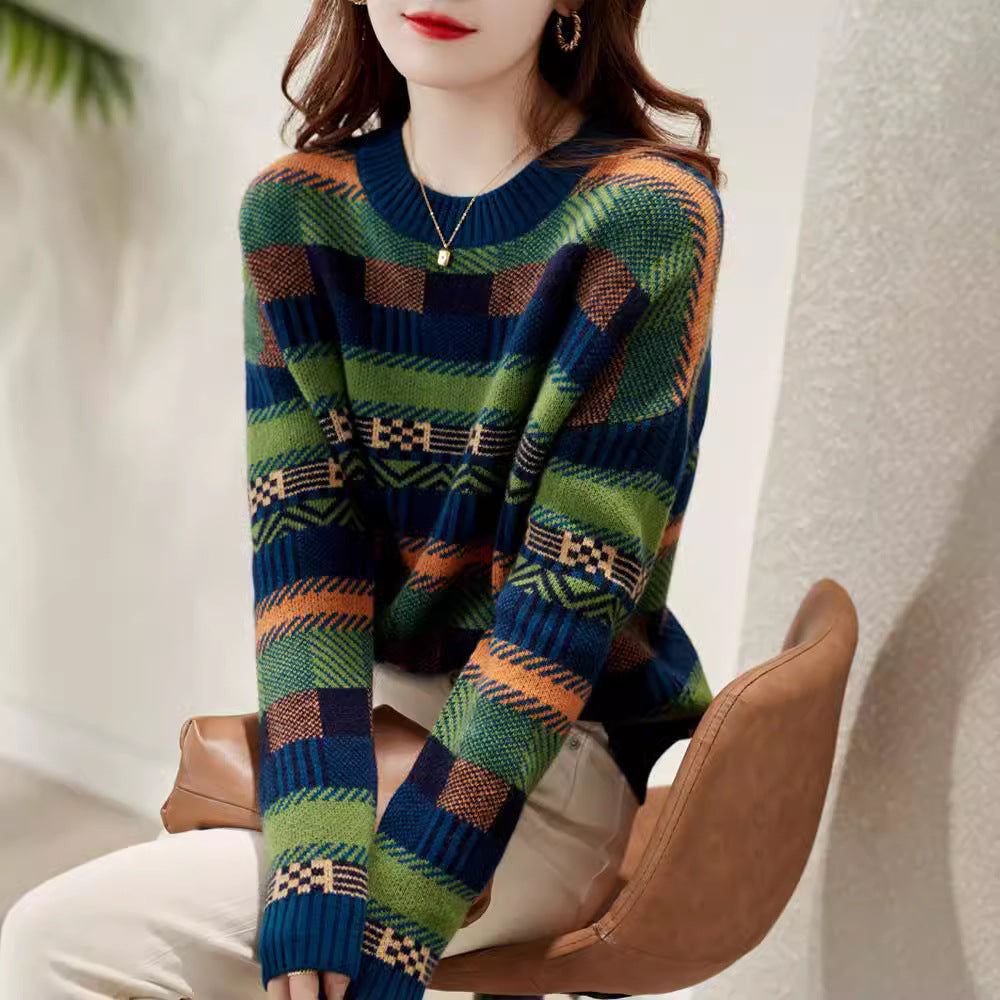 Damen Gemusterter Strickpullover mit Rundhalsausschnitt und weich-flauschiger Textur Stilzeits - Stilzeits