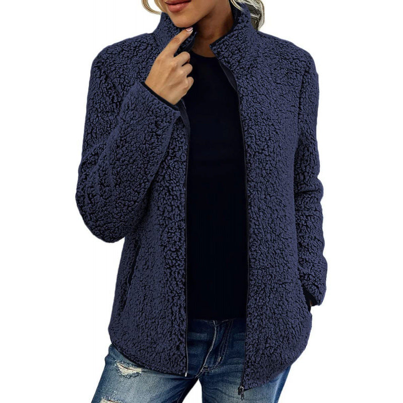 Damen flauschige Fleecejacke mit hohem Kragen und seitlichen Taschen Stilzeits
