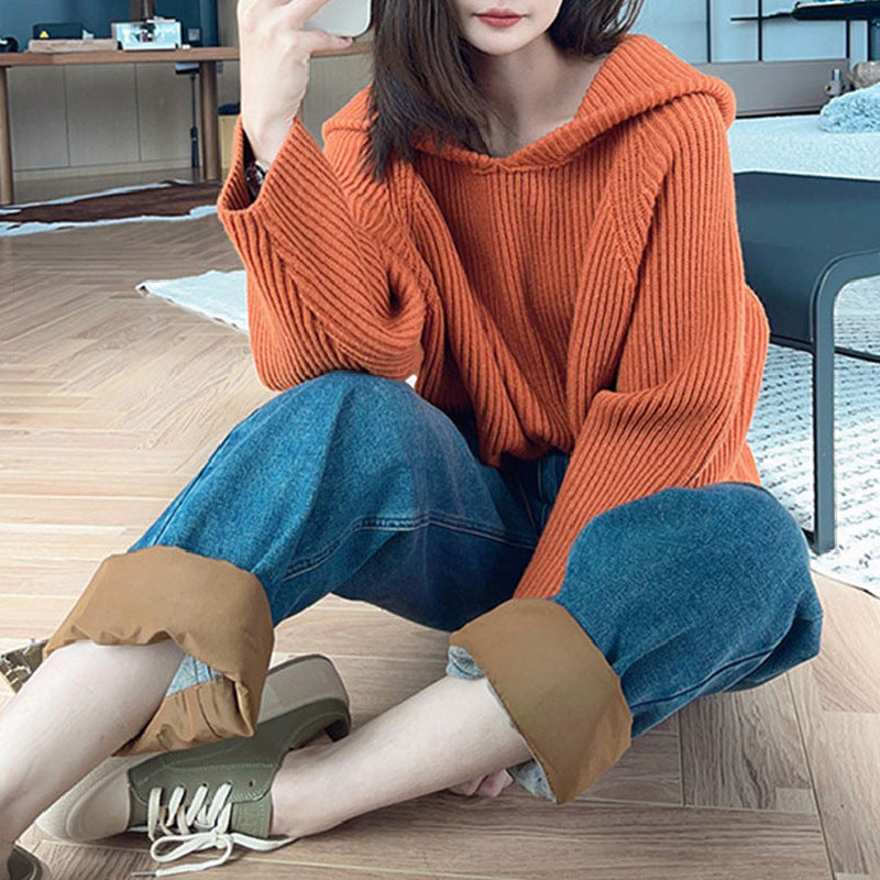 Damen lässiger Strickpullover mit Kapuze und weit geschnittenen Ärmeln Stilzeits