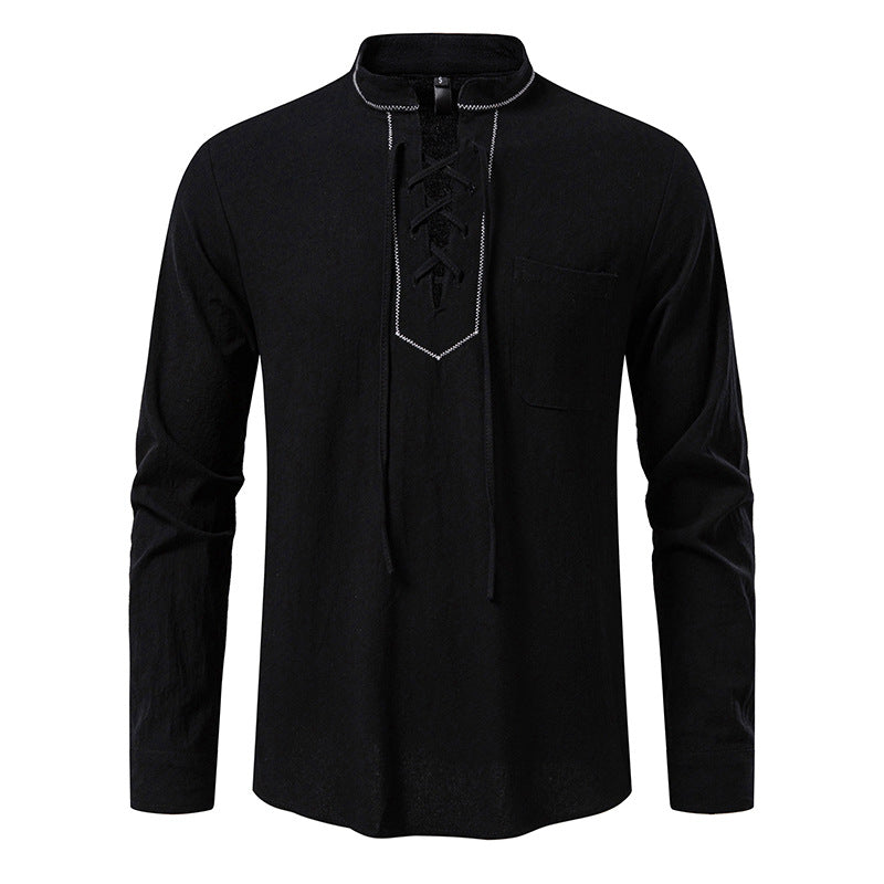 Herren Langarmshirt mit hochwertigem Stehkragen und dekorativer Schnürung Stilzeits