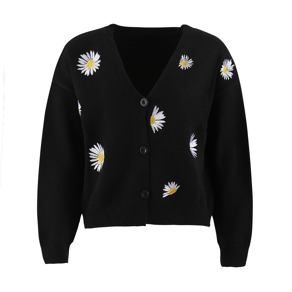 Damen Strickjacke mit Blumenstickerei und V-Ausschnitt Stilzeits