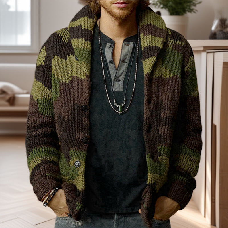 Herren Strickjacke im einzigartigen Camouflage-Design mit hohem Kragen Stilzeits